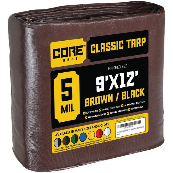 Core Tarps 12 ft L x 0.5 mm H x 9 ft W Heavy Duty 5 Mil Tarp, Brown/Black, Polyethylene CT-502-9X12